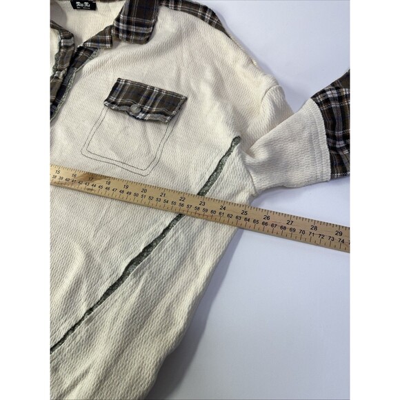 Miss Me Plaid Pieced Button Up Shirt Women’s Small Ivory Rayon Blend S - Picture 7 of 7